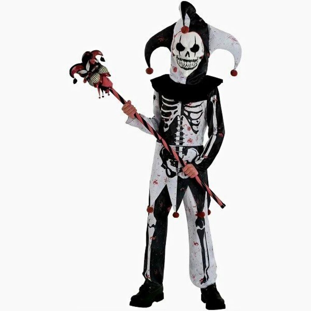 Boys Skeleton Jester Boys Halloween Costume Mask Size X 14-16 Black/Red/White